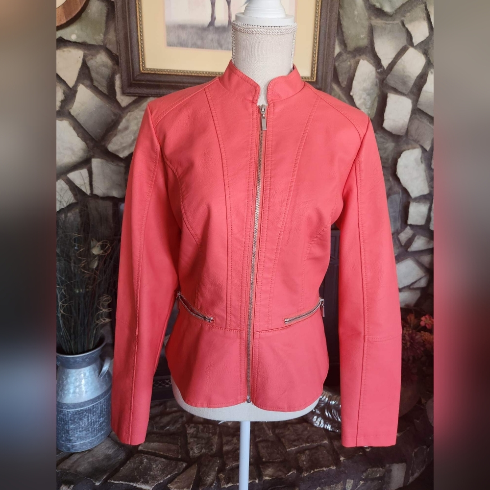 Baccini pleather/vinyl coral moto jacket size M.